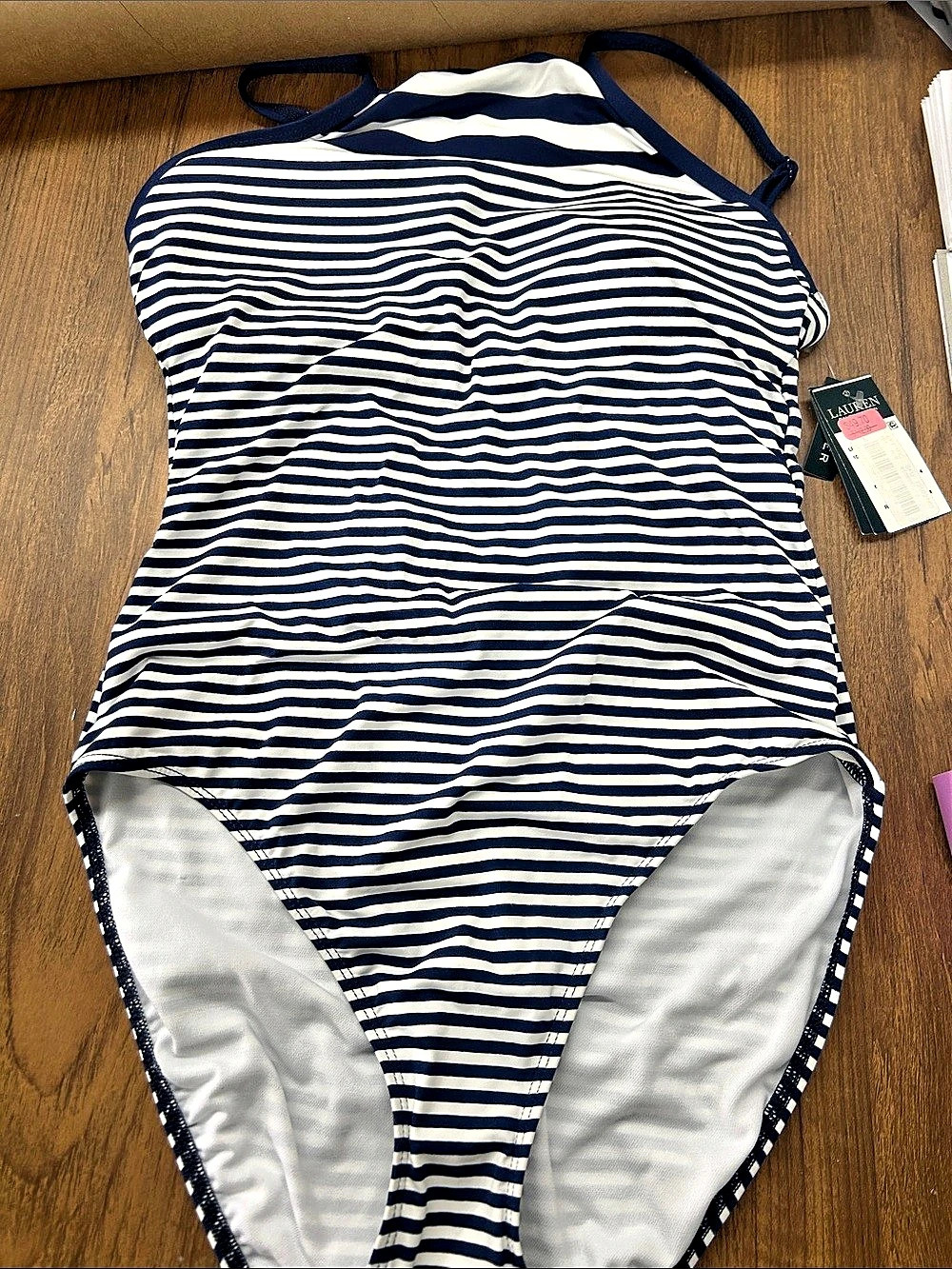 Lauren Ralph Lauren Striped Lace-Up One-Piece Swimsuit Blue & White
